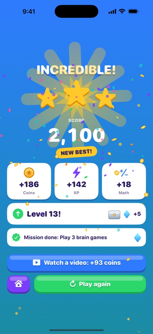 A results screen with stars, score and coins earned